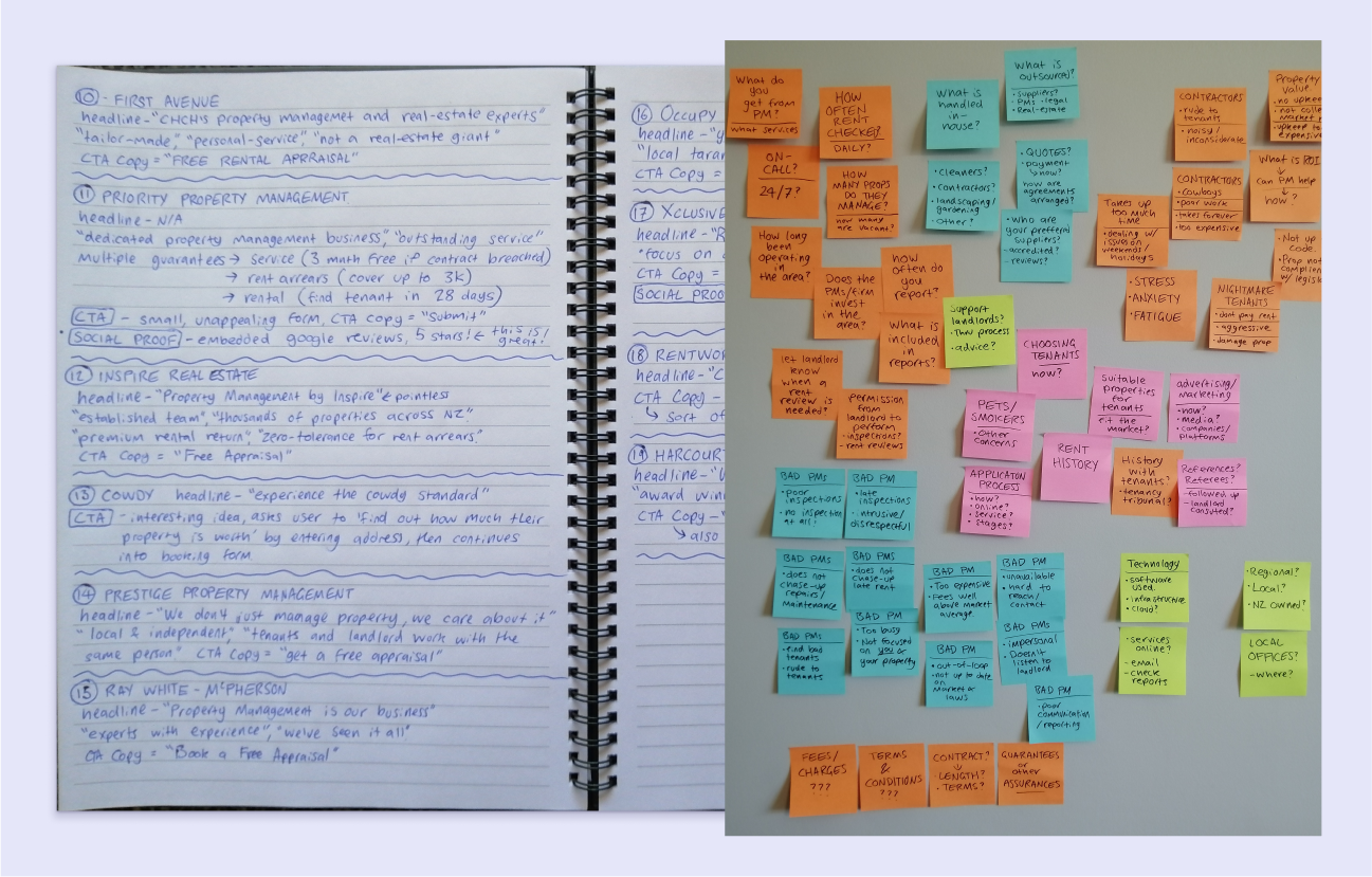 Photo of research notes and a board of organised sticky notes
