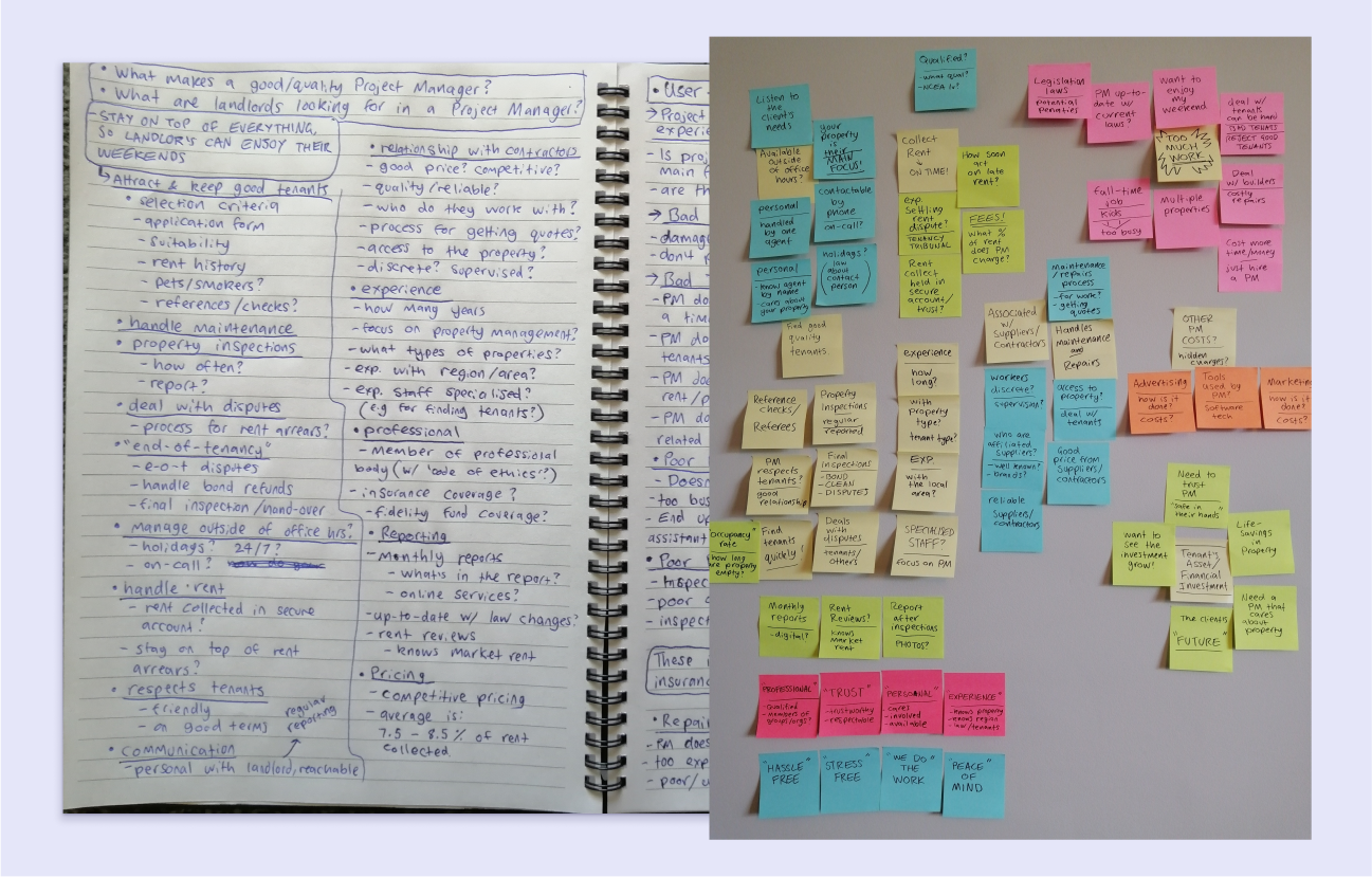 Photo of research notes and a board of organised sticky notes