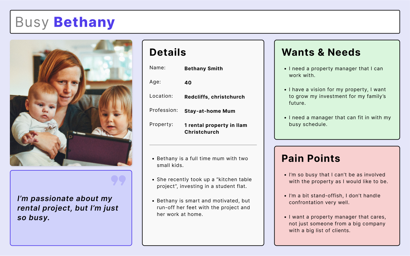 A user persona diagram depicting details, wants/needs, and pain points for a busy mum.