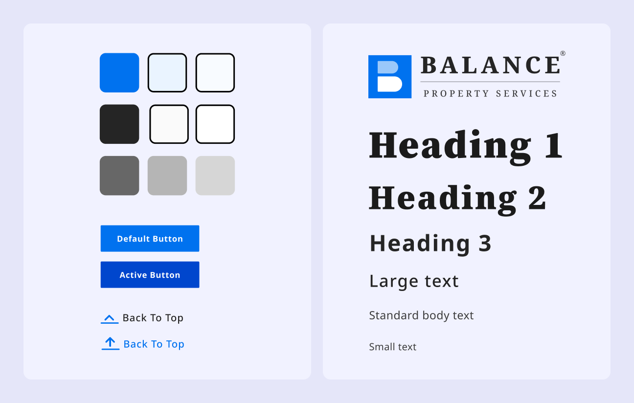 Colour swatches, button styles, and heading styles for the design.