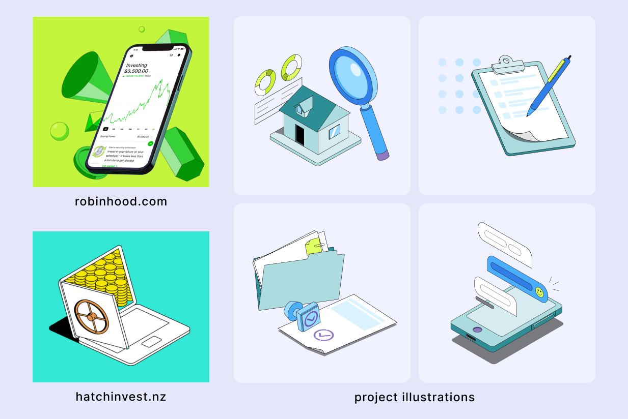 Examples of the isometric illustration style used in the designs.