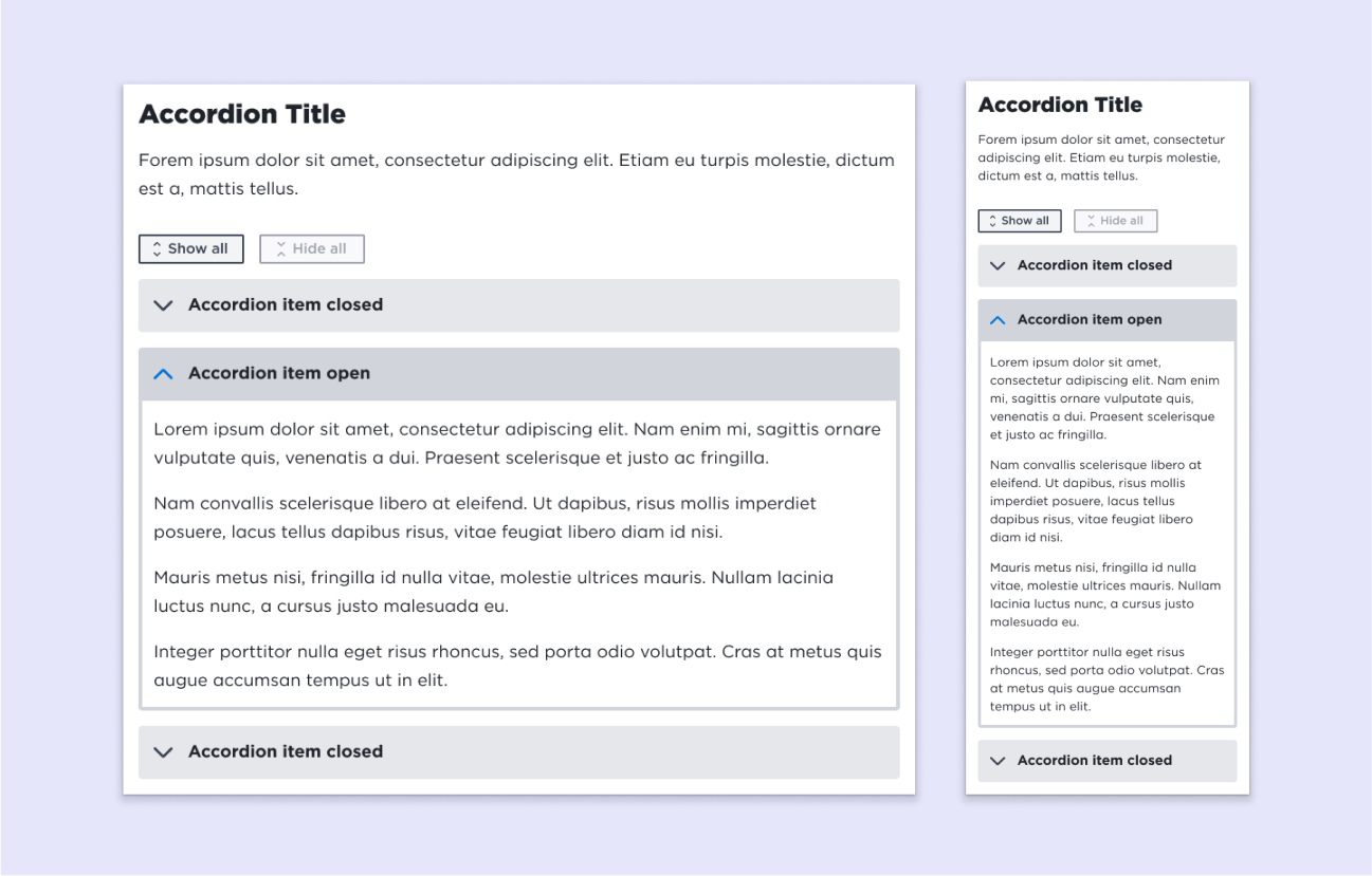 Design mockup of an accordion component with desktop and mobile versions.