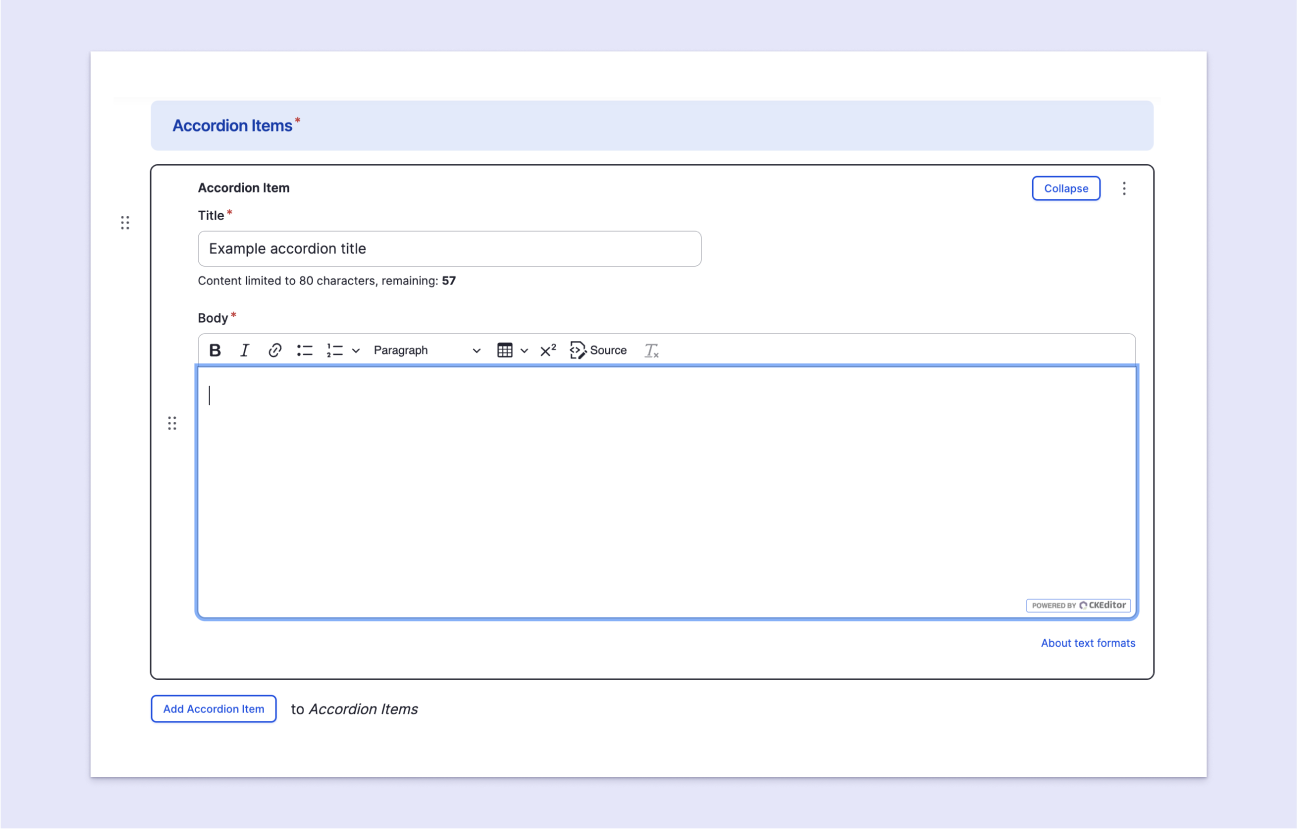 Screenshot of the user interface used to add an accordion component through Drupal.