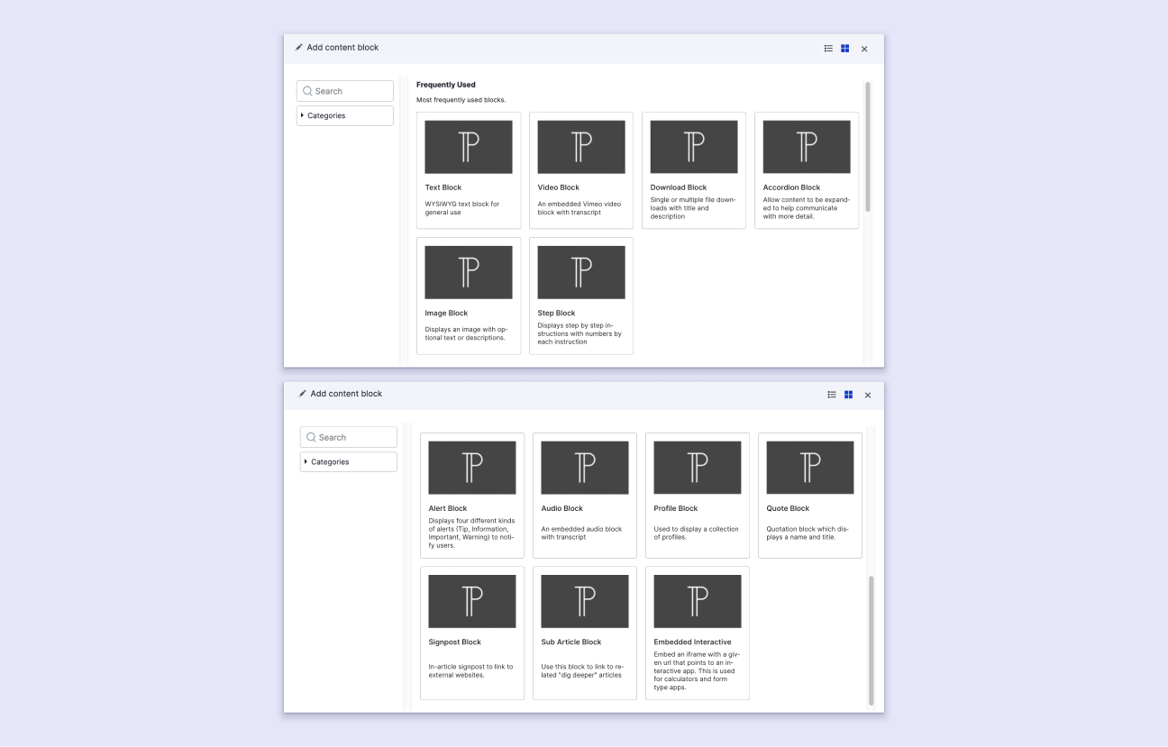 Screenshot of all the available content blocks in Drupal for this project
