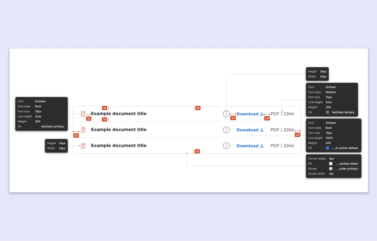 Screenshots of a component with various specificatin such as spacing, colours, and fonts.