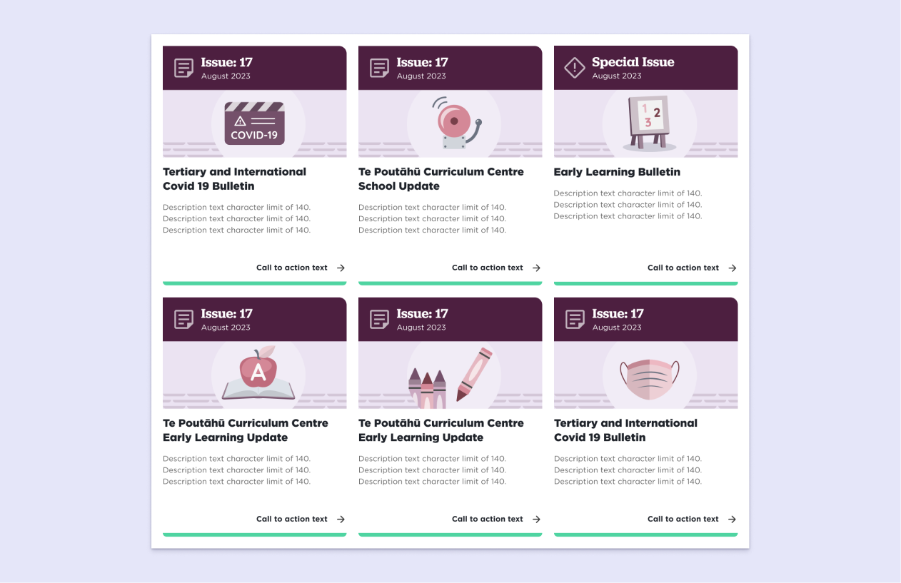 A variety of web card components featuring icons that represent different bulletin and newsletter topics.