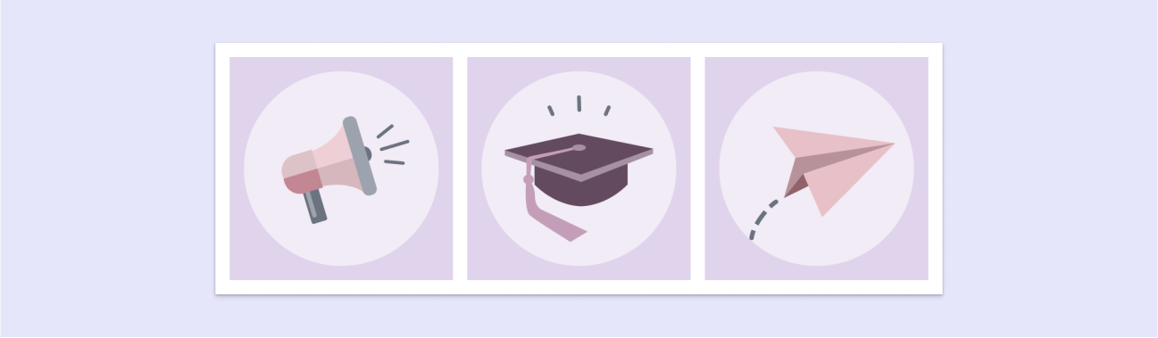 Examples of icon designs, a megaphone symbol, a graduation cap, and a paper plane.