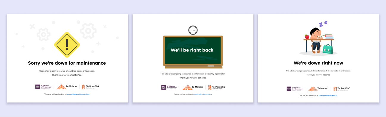 Three different website maintenace page design conepts featuring various illustrations.