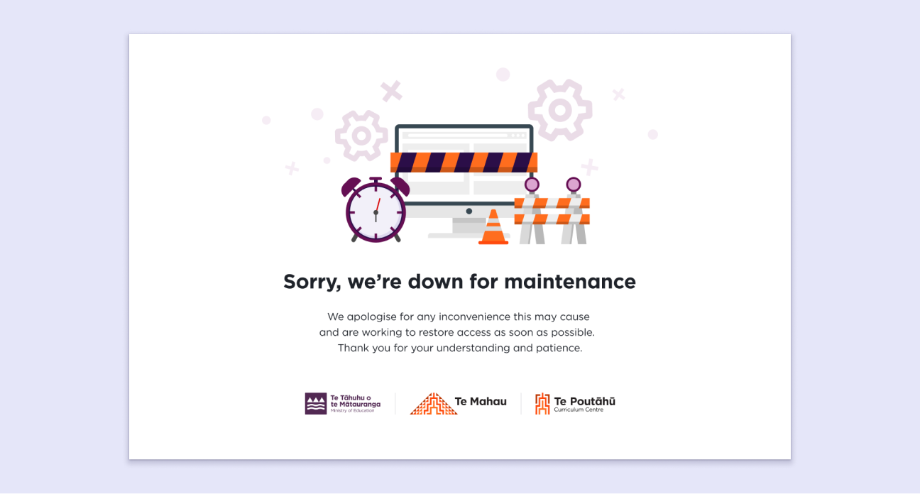 A website maintenance page depicting construction cones and barricades surrounding a PC monitor