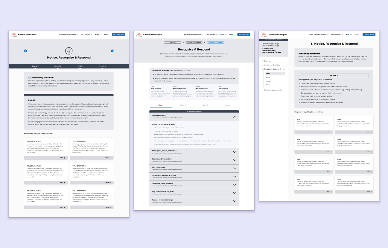 Desktop-sized wireframes for a section of the tool