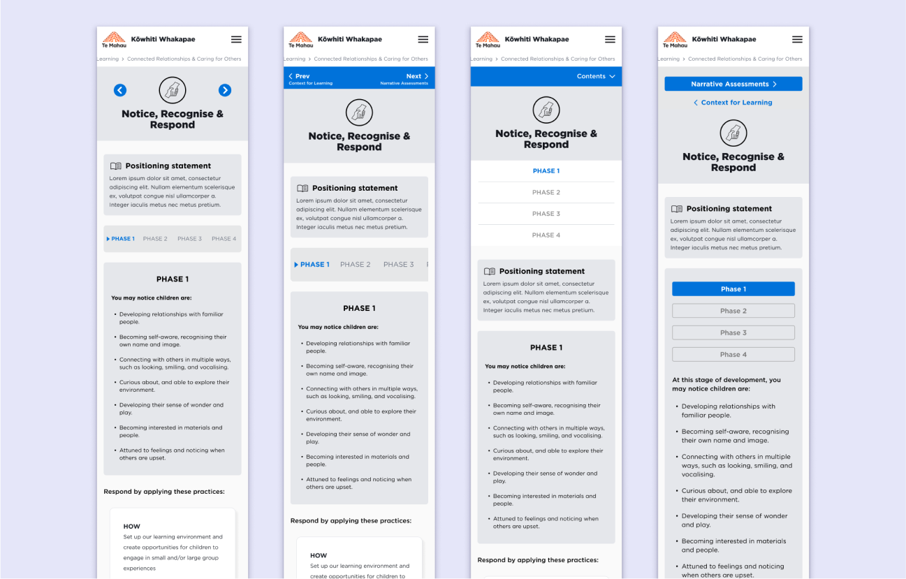 Mobile-sized wireframes for a section of the tool