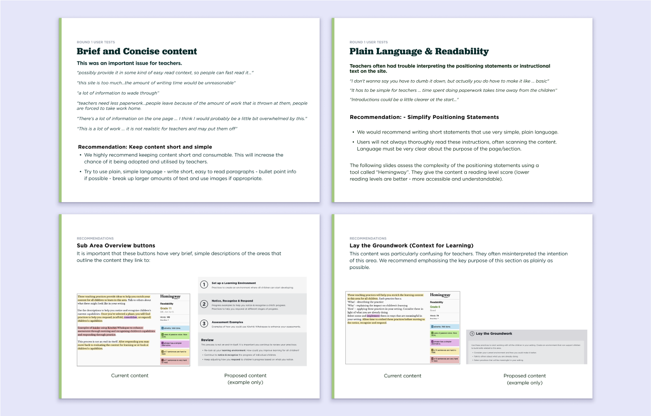 Pages from the usability report detailing recommended changes to the layout based on user feedback