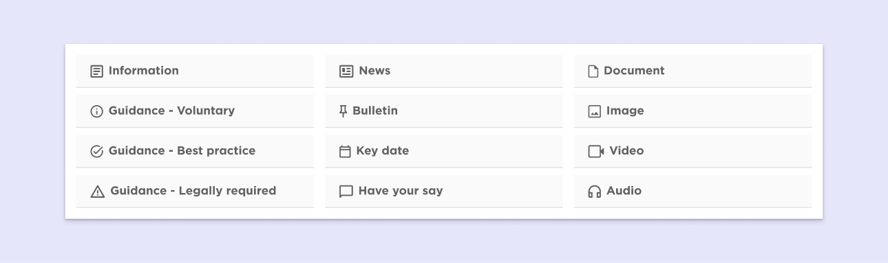 Design mockup for various tags that are applied to search results for different page types.