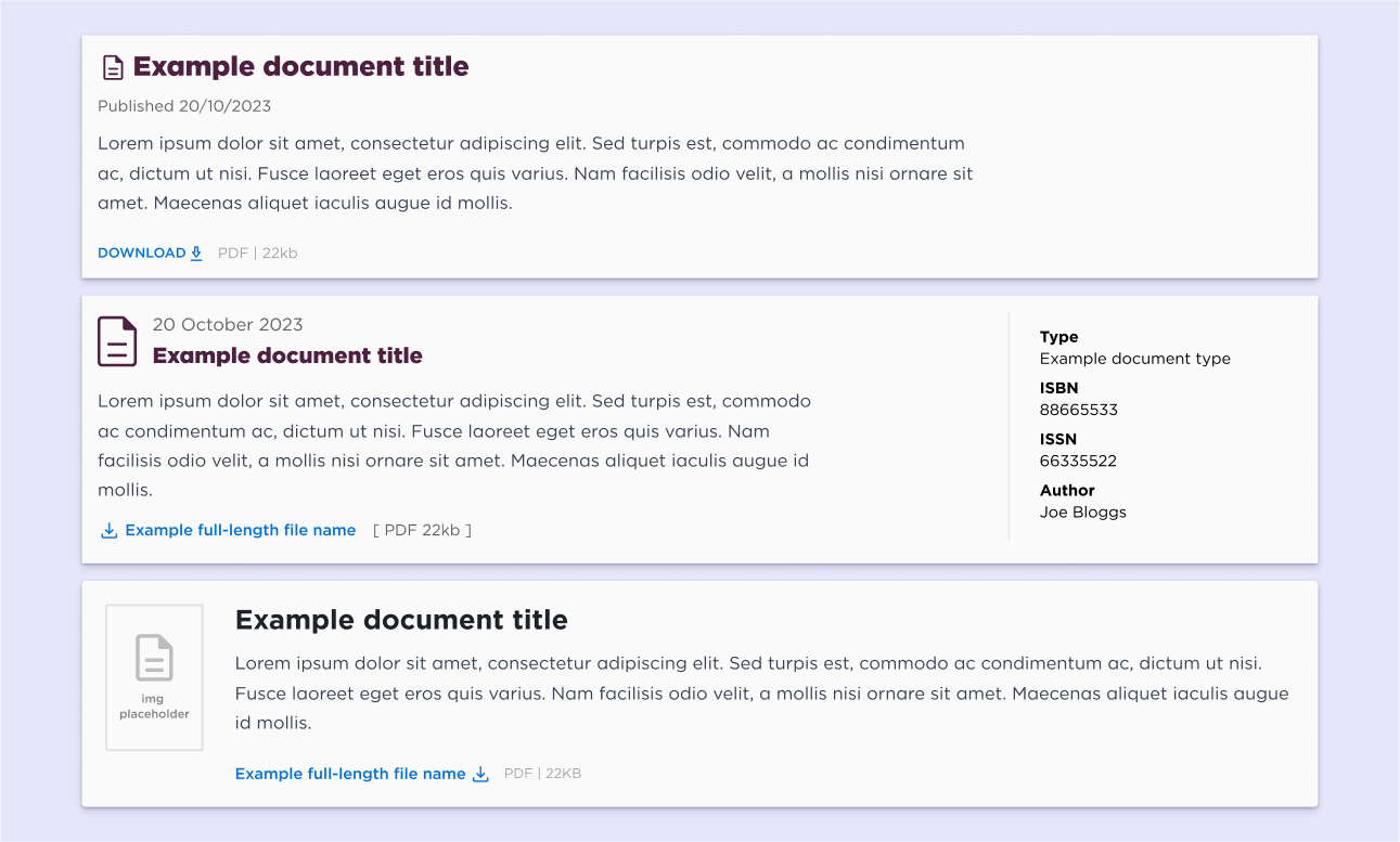 Several design mockups for document search results user interface
