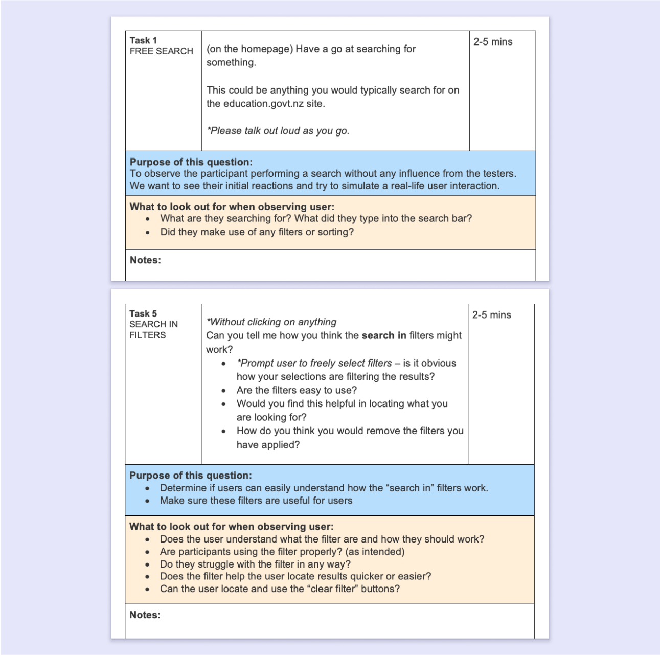 Screenshot of a word document with questions from the user testing plan.