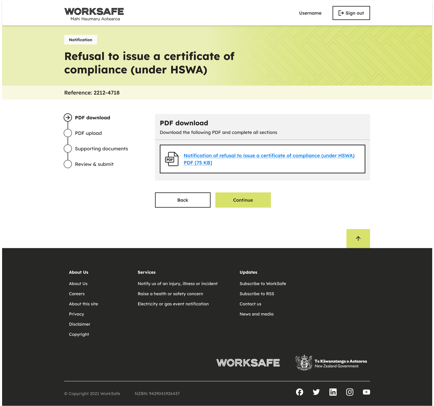 Design mockup of an online form that allows users to submit a PDF notification to WorkSafe