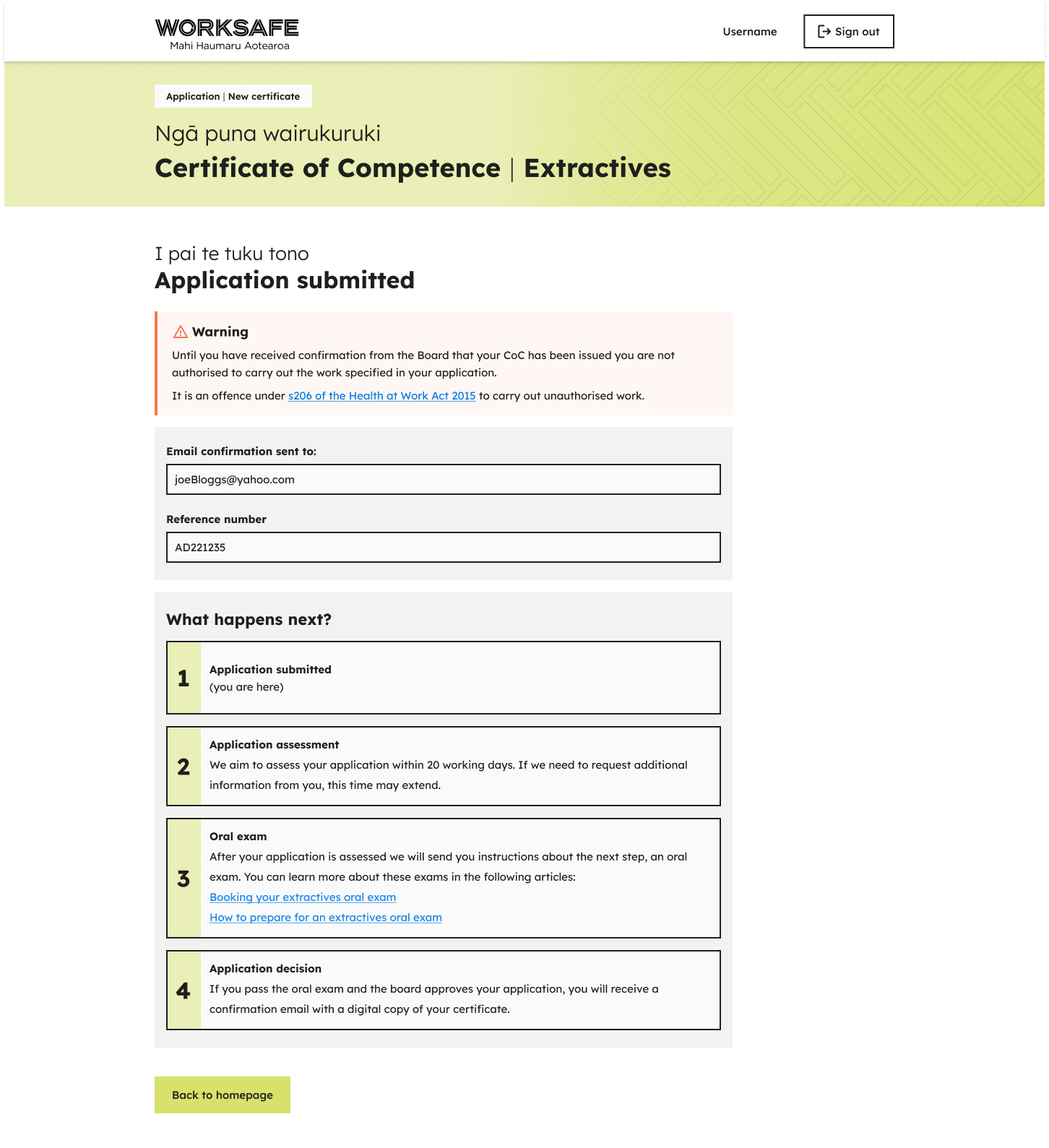 Design mockup of a submission confirmation page with info for users about the next steps of the process