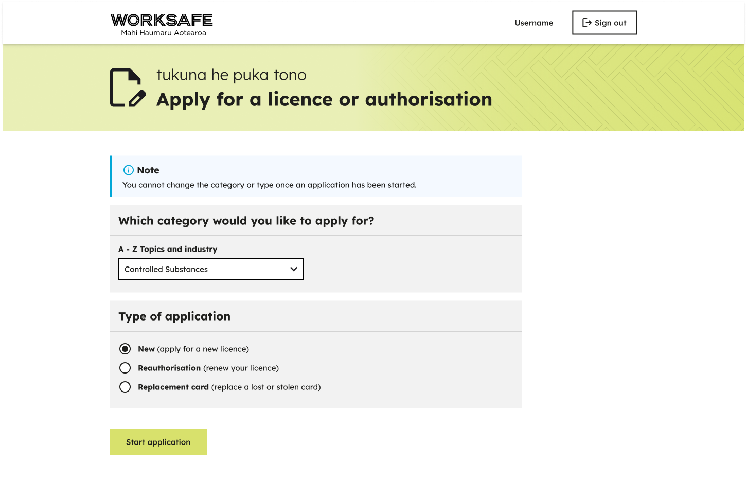 Design mockup of a page that allows users to select from all available application types