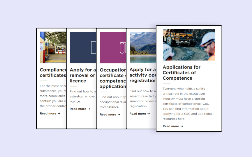 screenshots of the WorkSafe website depicting various links to application forms